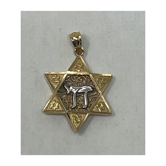 OR 14K Two-Tone Gold Star of David with Chai Star Pendant - Picture 1 of 6